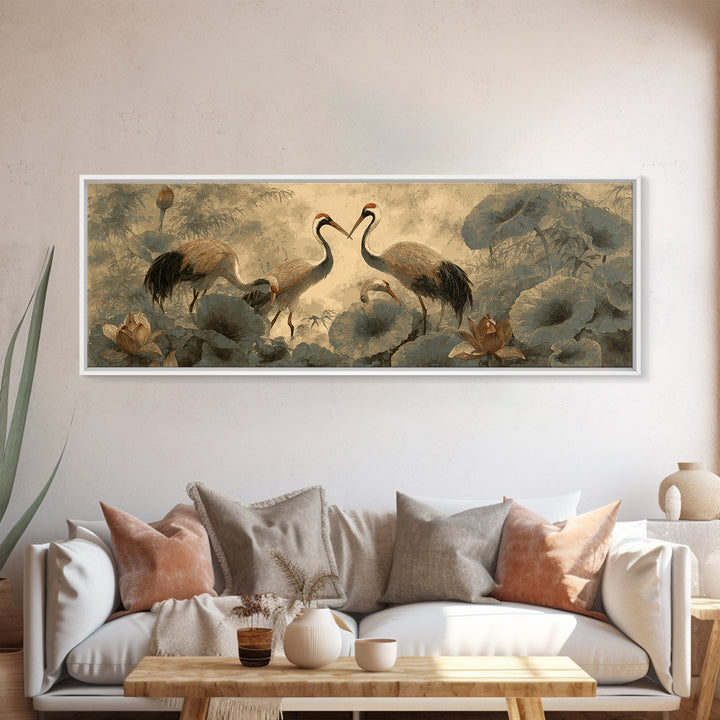 Crane and Lotus Composition Framed Canvas Print, Bird Art, Mid Century Wall Art, Living Room Decor, Fine Art, Flight, BIR-3x1-81