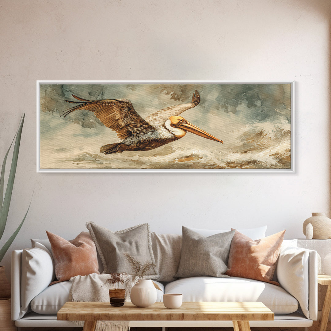 Pelican Flying over Coastal Waves Framed Canvas Print, Bird Art, Japanese Wall Art, Living Room Decor, Fine Art, Flight, BIR-3x1-82
