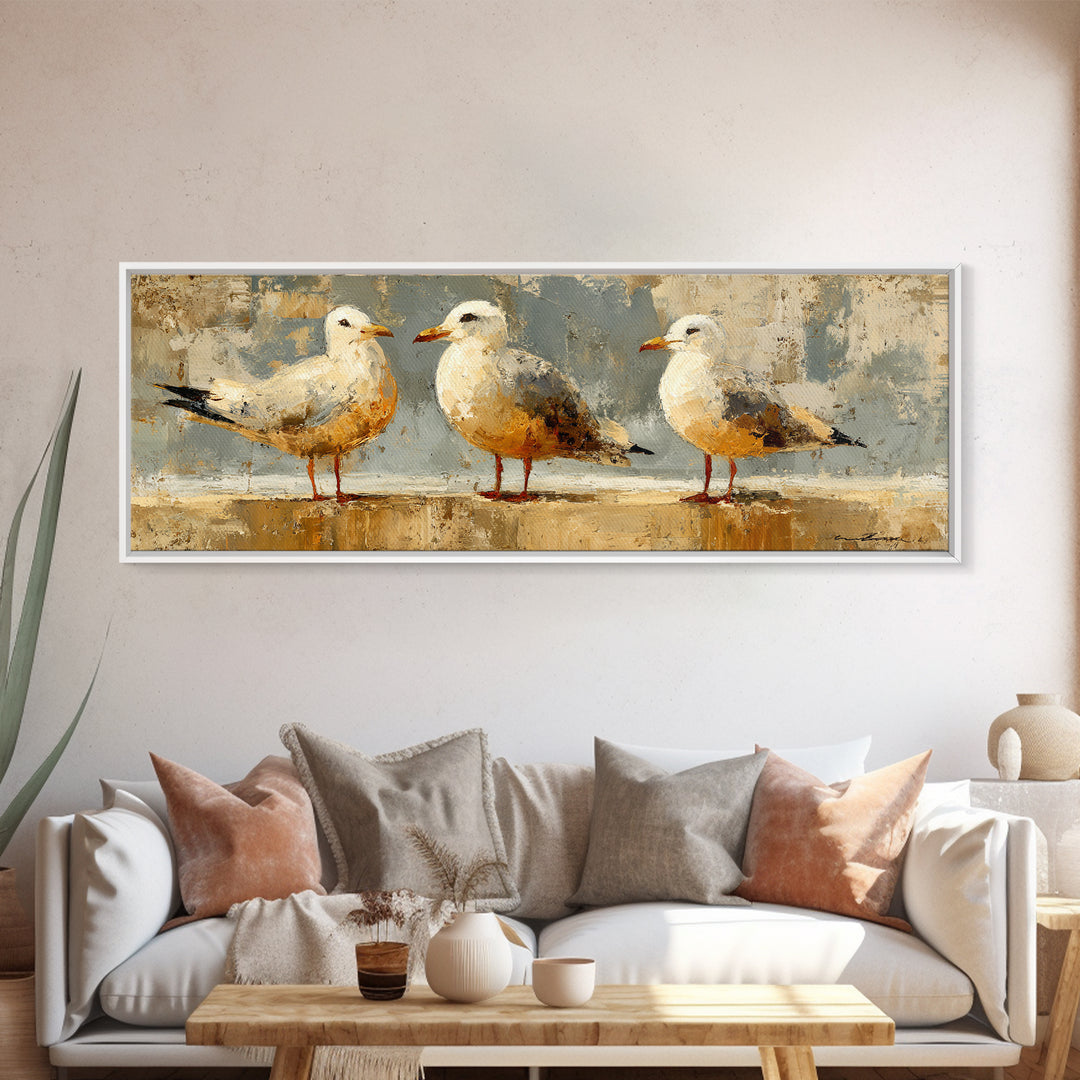 Seagulls Above a Pale Beach Horizon Framed Canvas Print, Bird Art, Digital Prints, Living Room Decor, Fine Art, Flight, BIR-3x1-84