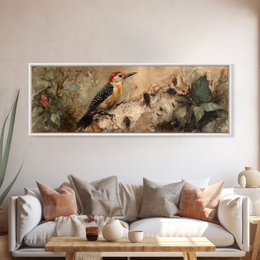 Woodpecker on Birch Bark Texture Canvas Print, Bird Art, Digital Download Art, Living Room Decor, Oil Painting, Flight, BIR-3x1-85