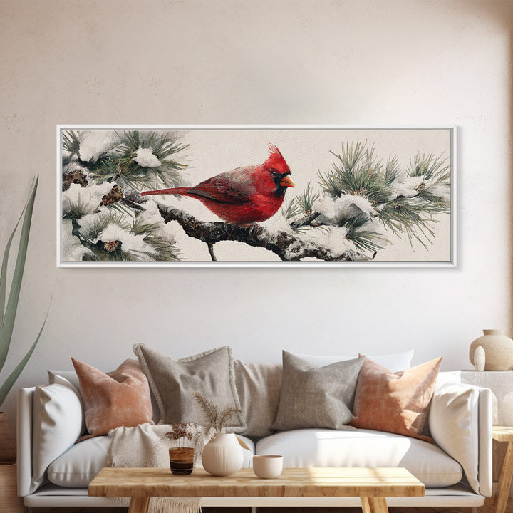 Red Cardinal on Snowy Pine Branch Framed Canvas Print, Bird Art, Floral Art, Living Room Decor, Fine Art, Flight, BIR-3x1-89