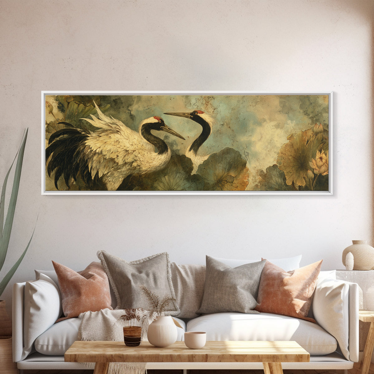 Crane and Lotus Composition Framed Canvas Print, Bird Art, Farmhouse Decor, Living Room Decor, Flight, Digital Download Art, BIR-3x1-9