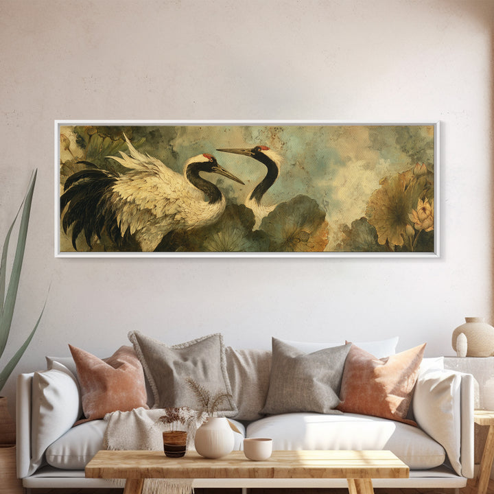 Crane and Lotus Composition Framed Canvas Print, Bird Art, Farmhouse Decor, Living Room Decor, Flight, Digital Download Art, BIR-3x1-9