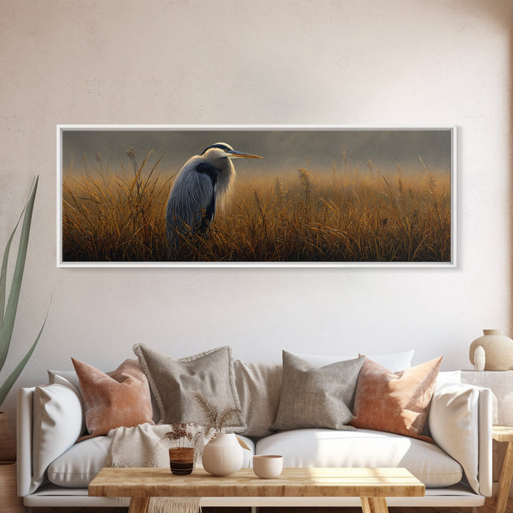 Blue Heron in Misty Marsh Grass Framed Canvas Print, Bird Art, Bird Prints, Living Room Decor, Fine Art, Flight, Modern Decor, BIR-3x1-90