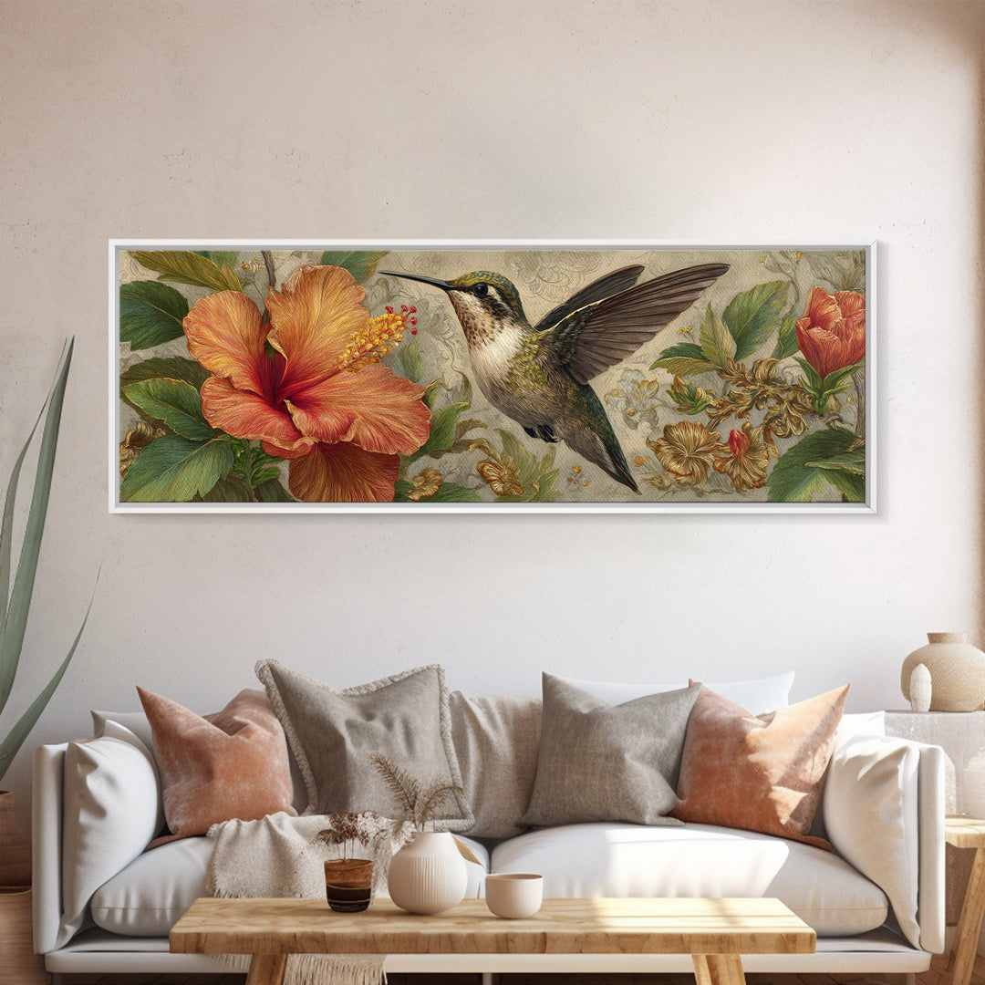 Hummingbird Hovering Beside Bright Hibiscus Canvas Print, Bird Art, Mid Century Modern, Living Room Decor, Oil Painting, Flight, BIR-3x1-92