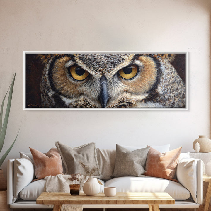 Owl Portrait with Wise Golden Eyes Canvas Print, Bird Art, Forest Wall Art, Living Room Decor, Flight, Minimalist Decor, BIR-3x1-93