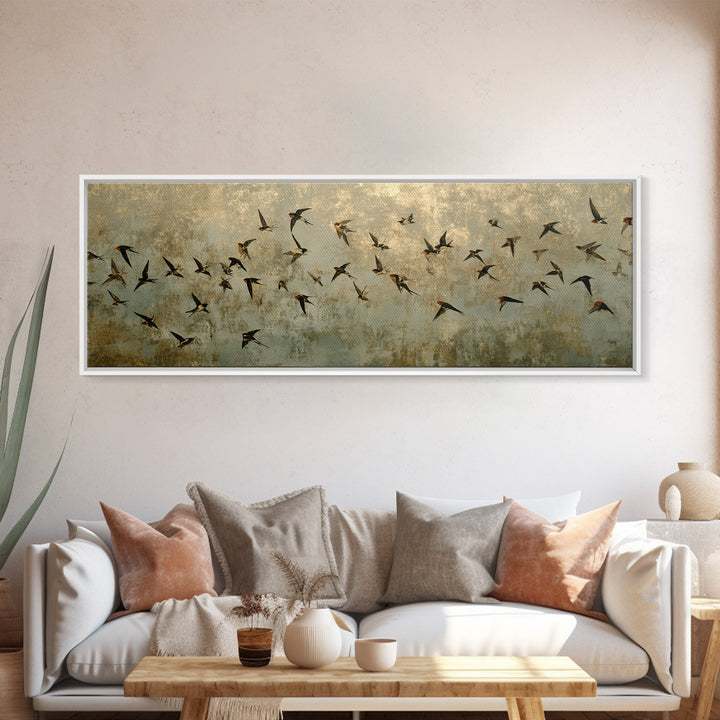 Flock of Swallows Sweeping Across Open Sky Canvas Print, Bird Art, Botanical Wall Art, Living Room Decor, Watercolor Art, BIR-3x1-94