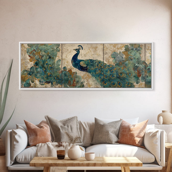 Peacock with Jewel Tone Feather Pattern Canvas Print, Bird Art, Textured Painting, Living Room Decor, Oil Painting, Flight, BIR-3x1-95