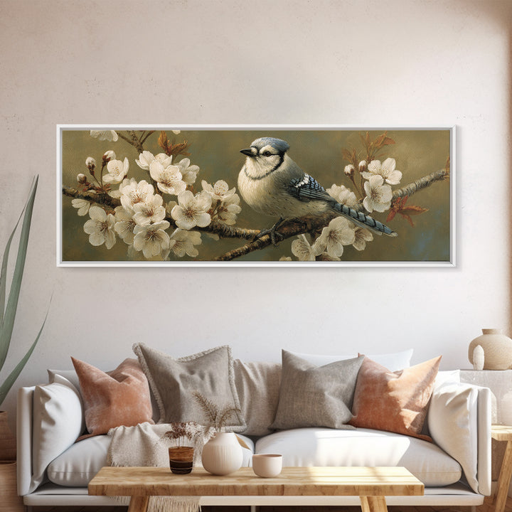 Songbird Perched on Cherry Blossoms Canvas Print, Bird Art, Neutral Decor, Living Room Decor, Fine Art, Flight, Wall Art, BIR-3x1-96