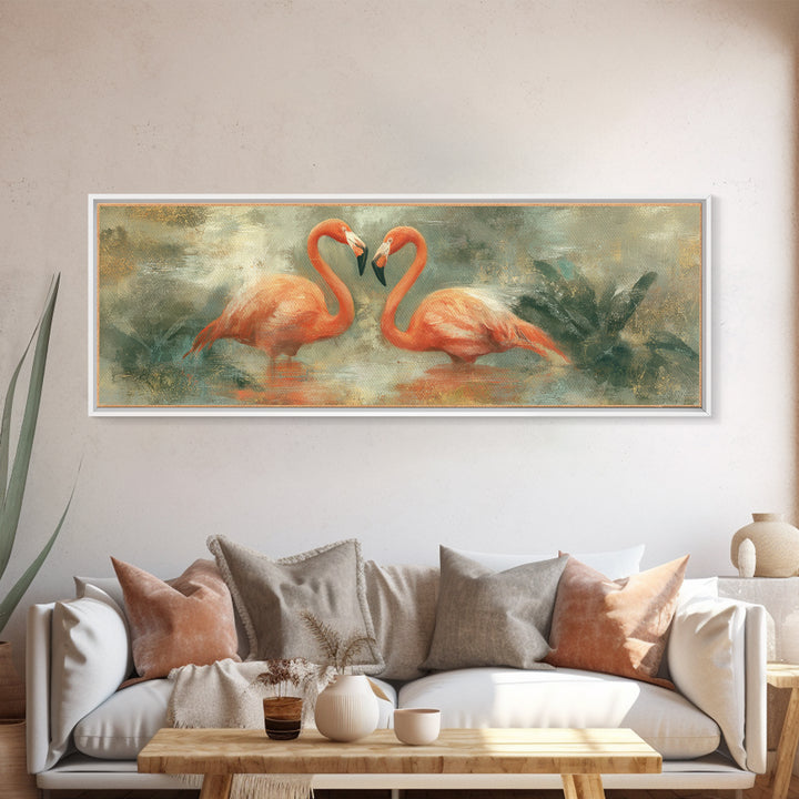 Flamingo Pair in Coral Water Reflections Canvas Print, Bird Art, Digital Download Art, Living Room Decor, Fine Art, Flight, BIR-3x1-98