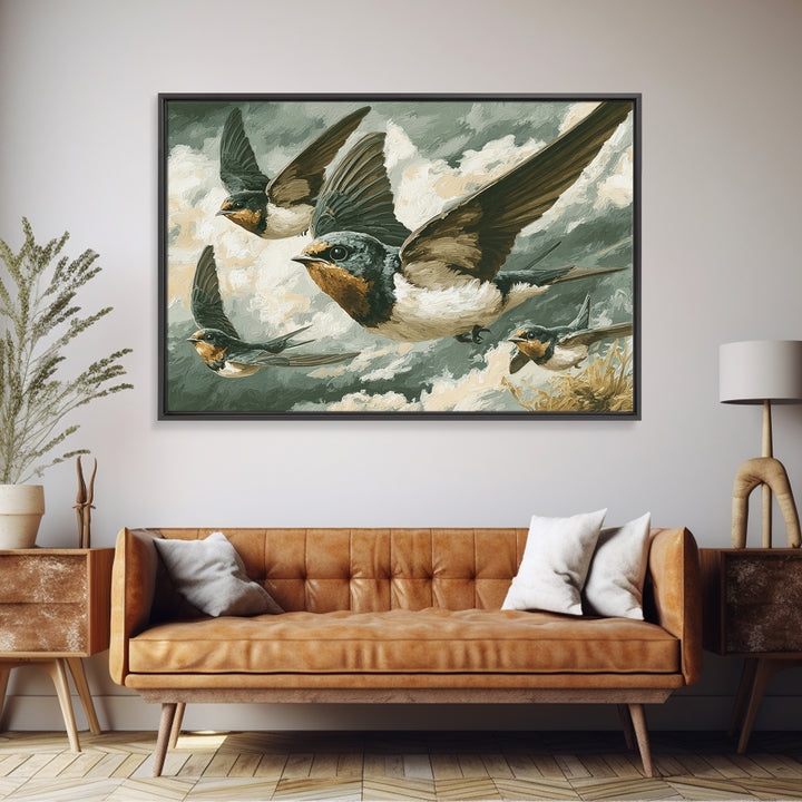 Flock of Swallows Sweeping Across Open Sky Framed Canvas Print, Bird Art, Watercolor Painting, Living Room Decor, Flight, BIR-3x2-10