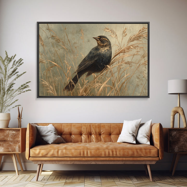 Blackbird on Gold Wheat Field Framed Canvas Print, Bird Art, Fine Art Print, Living Room Decor, Oil Painting, Flight, BIR-3x2-100