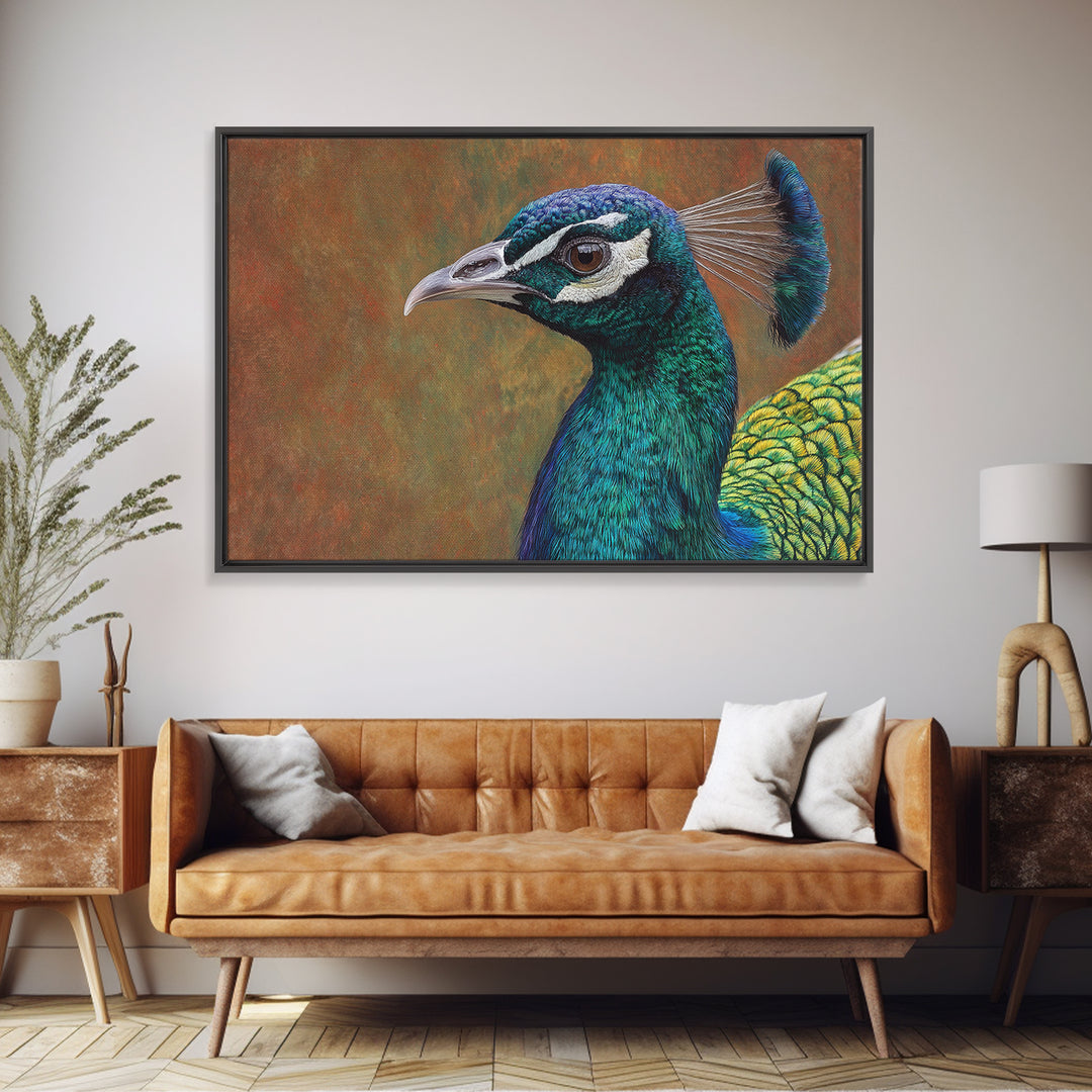 Peacock with Jewel Tone Feather Pattern Canvas Print, Bird Art, Mid Century Wall Art, Living Room Decor, Fine Art, Flight, BIR-3x2-11
