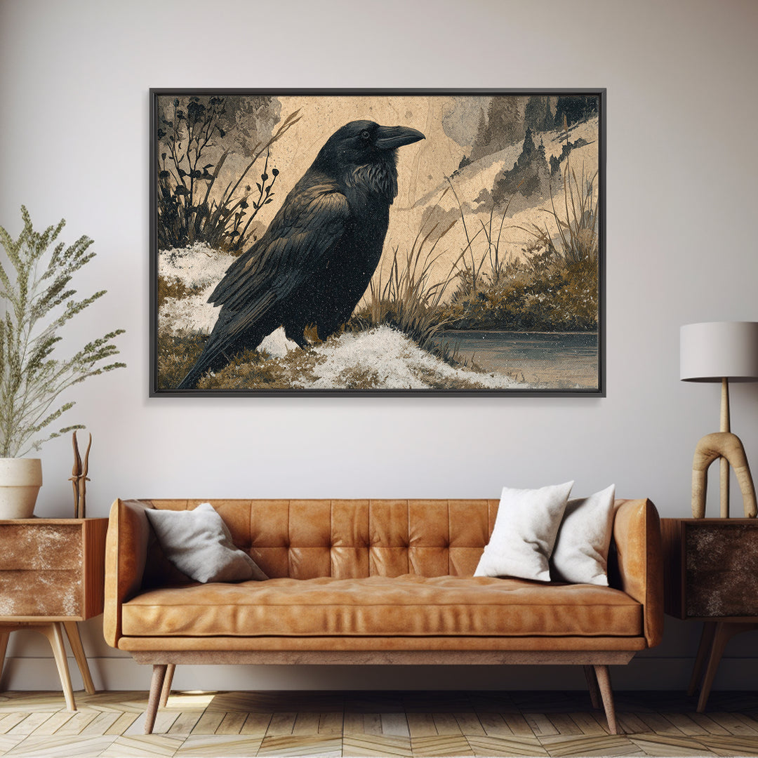 Raven Silhouette with Gothic Atmosphere Framed Canvas Print, Bird Art, Living Room Decor, Watercolor Art, Flight, BIR-3x2-13
