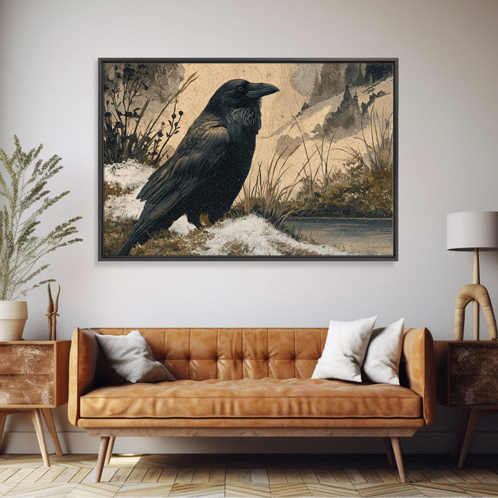 Raven Silhouette with Gothic Atmosphere Framed Canvas Print, Bird Art, Living Room Decor, Watercolor Art, Flight, BIR-3x2-13