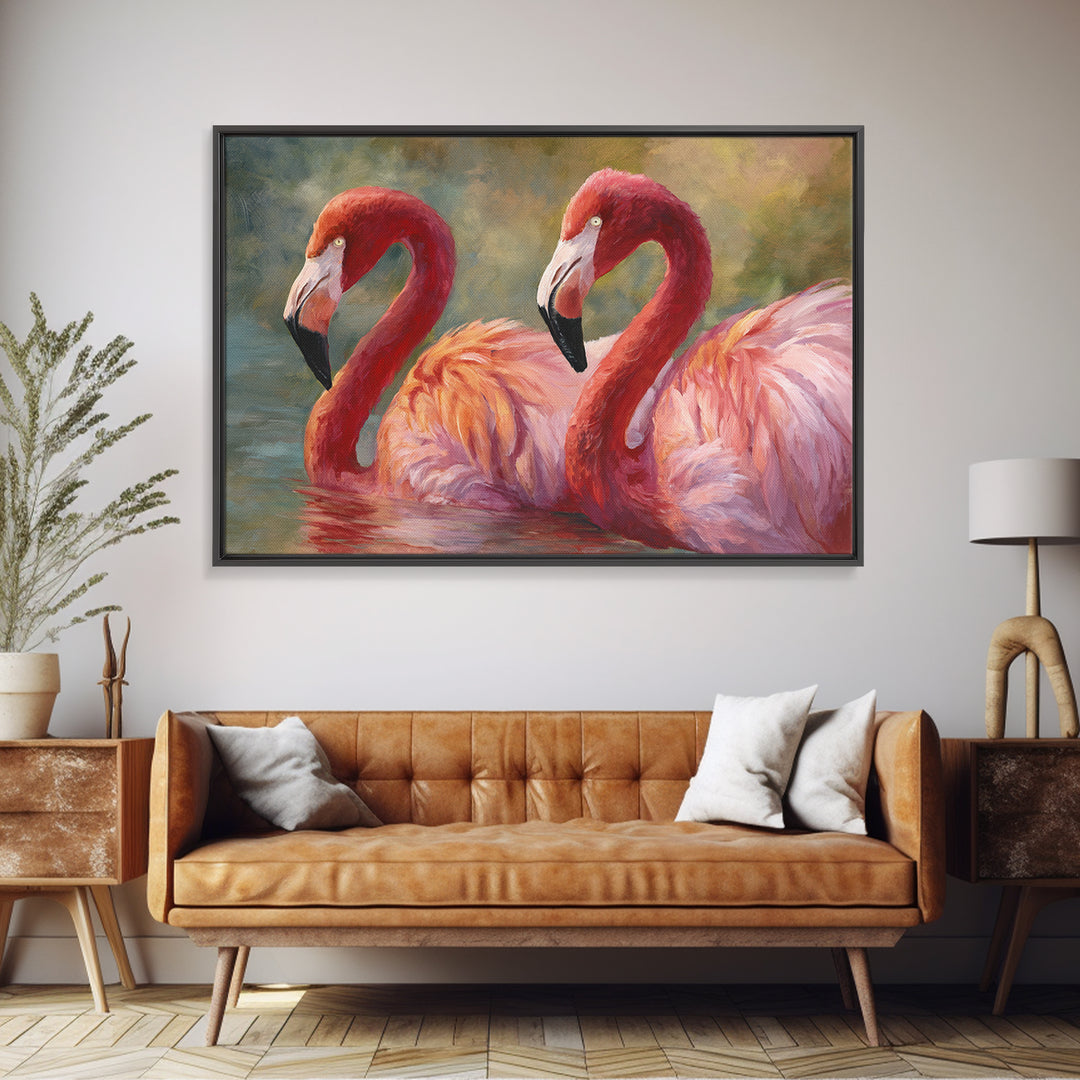 Flamingo Pair in Coral Water Reflections Framed Canvas Print, Bird Art, Original Art, Living Room Decor, Fine Art, Flight, BIR-3x2-14