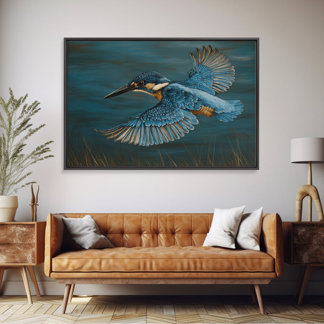 Kingfisher Diving Toward Blue Water Framed Canvas Print, Bird Art, Printable Art, Living Room Decor, Fine Art, Flight, BIR-3x2-15