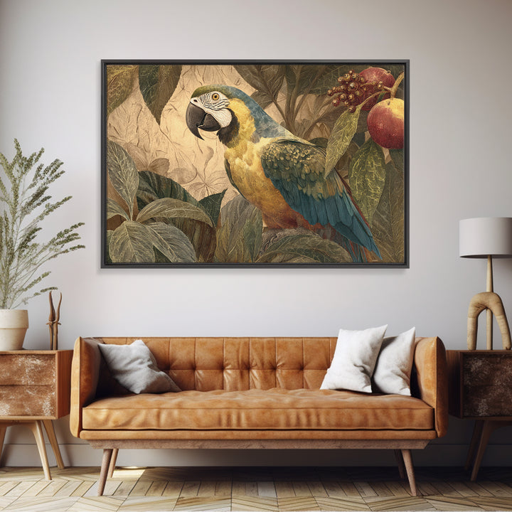 Parrot Among Tropical Leaves and Fruit Canvas Print, Bird Art, Modern Art, Living Room Decor, Fine Art, Flight, Floral Art, BIR-3x2-17