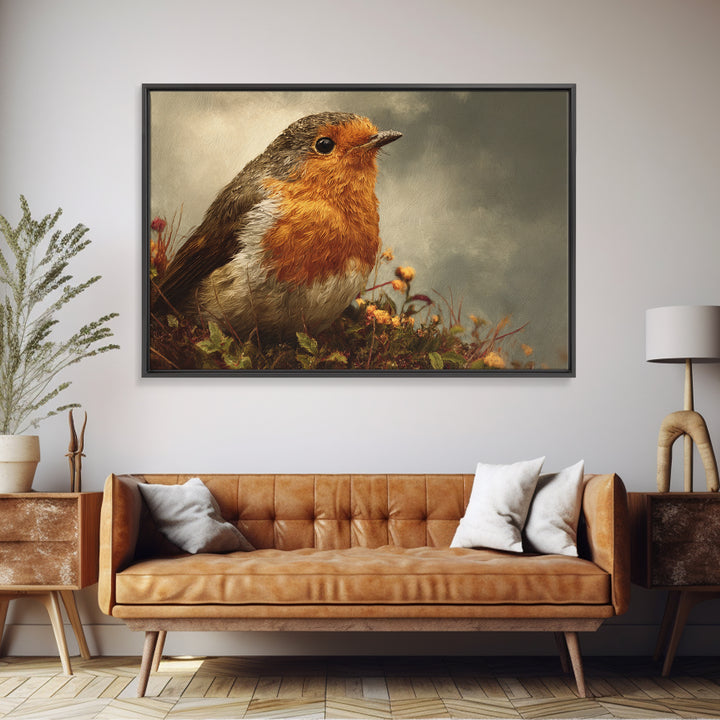 Robin in a Spring Garden with Soft Framed Canvas Print, Bird Art, Nature Prints, Living Room Decor, Fine Art, Flight, BIR-3x2-19