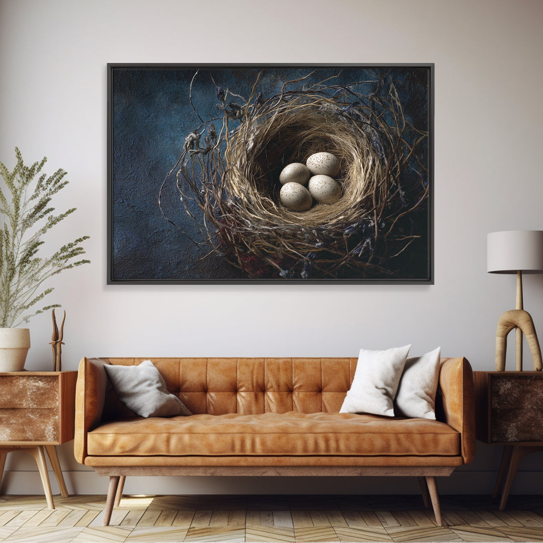 Bird Nest with Eggs and Delicate Twigs Framed Canvas Print, Bird Art, Printable Wall Art, Living Room Decor, Fine Art, Flight, BIR-3x2-2