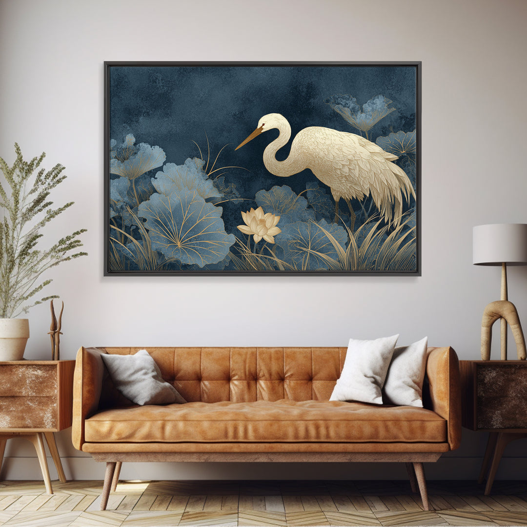 Crane and Lotus Composition Canvas Print, Bird Art, Botanical Wall Art, Living Room Decor, Fine Art, Flight, Forest Wall Art, BIR-3x2-21