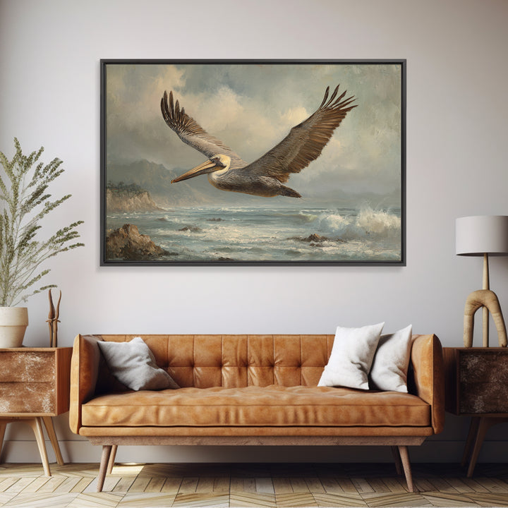 Pelican Flying over Coastal Waves Canvas Print, Bird Art, Printable Art, Living Room Decor, Oil Painting, Flight, BIR-3x2-22