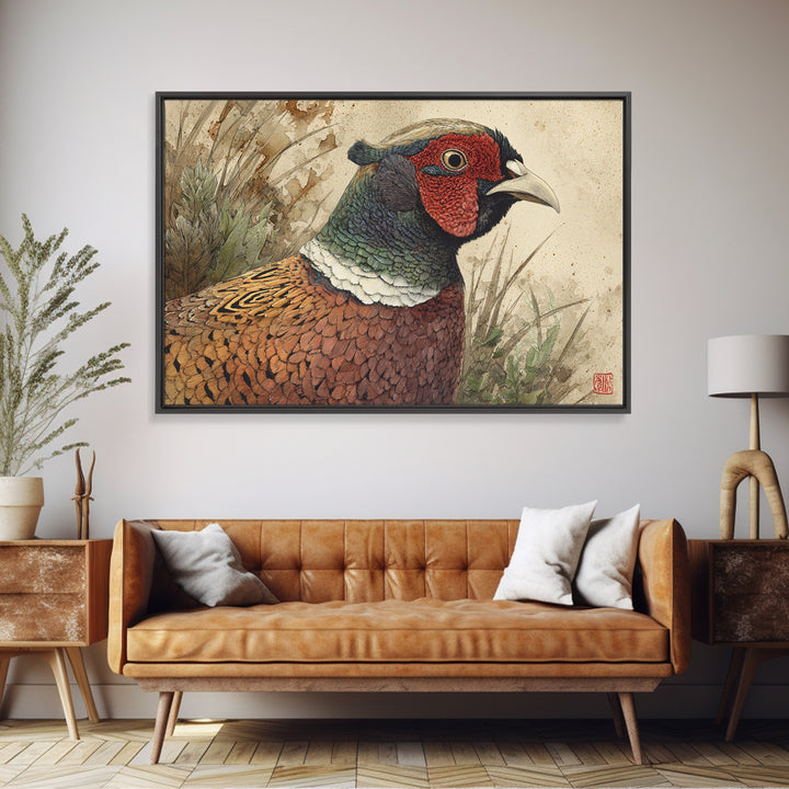 Pheasant with Ornate Feather Details Framed Canvas Print, Bird Art, Modern Art, Living Room Decor, Fine Art, Flight, Floral Art, BIR-3x2-23