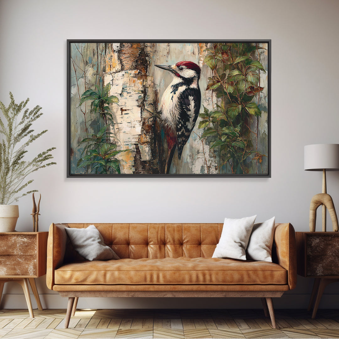 Woodpecker on Birch Bark Texture Framed Canvas Print, Bird Art, Gallery Wall, Living Room Decor, Abstract Art, Flight, BIR-3x2-25
