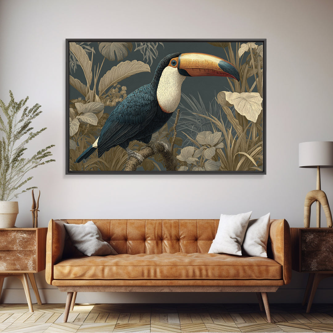 Toucan Framed by Bold Jungle Foliage Framed Canvas Print, Bird Art, Mcm Decor, Living Room Decor, Flight, Neutral Decor, BIR-3x2-27