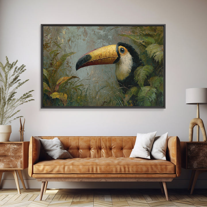 Toucan Framed by Bold Jungle Foliage Canvas Print, Bird Art, Modern Wall Art, Living Room Decor, Flight, Bird Wall Art, BIR-3x2-3