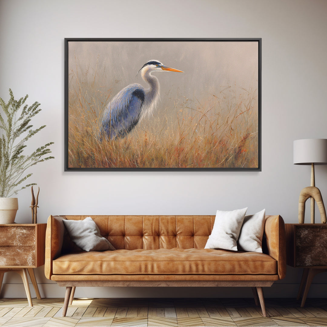 Blue Heron in Misty Marsh Grass Canvas Print, Bird Art, Modern Art, Living Room Decor, Flight, Floral Art, Forest Wall Art, BIR-3x2-30