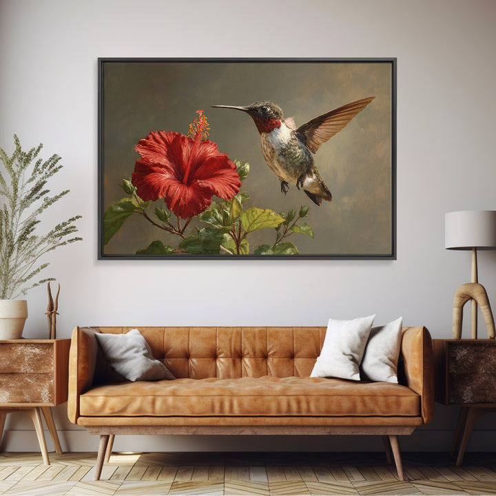 Hummingbird Hovering Beside Bright Hibiscus Canvas Print, Bird Art, Botanical Wall Art, Living Room Decor, Fine Art, Flight, BIR-3x2-32