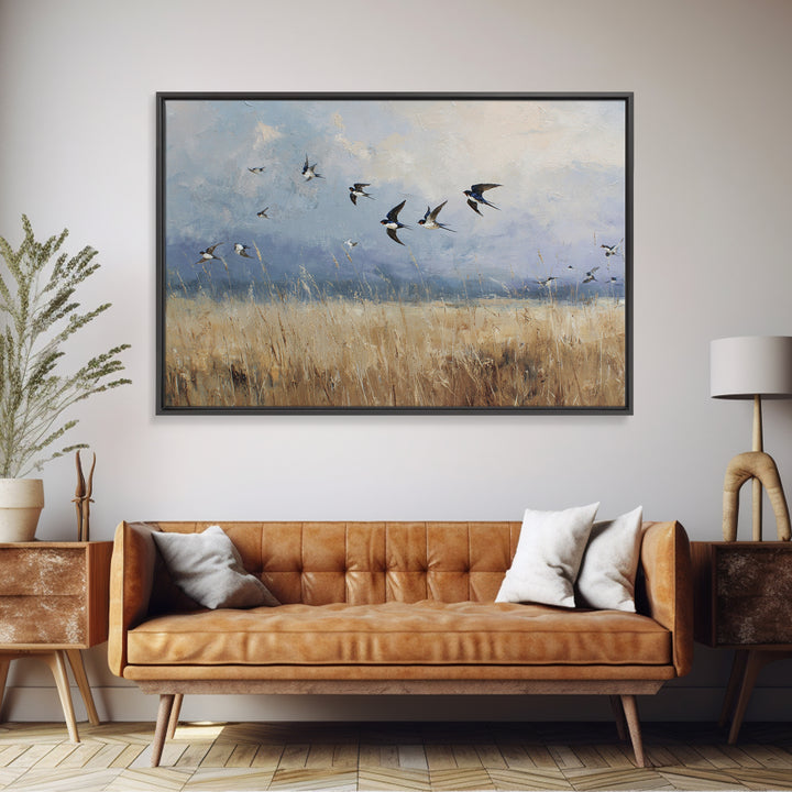 Flock of Swallows Sweeping Across Open Sky Canvas Print, Bird Art, Botanical Wall Art, Living Room Decor, Watercolor Art, BIR-3x2-34