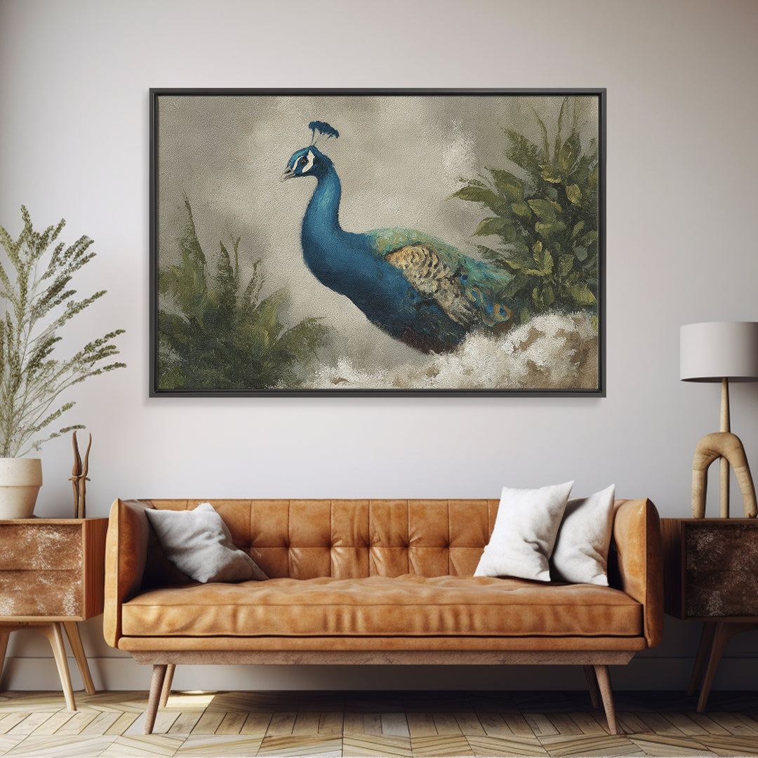 Peacock with Jewel Tone Feather Pattern Framed Canvas Print, Bird Art, Nature Wall Art, Living Room Decor, Fine Art, Flight, BIR-3x2-35