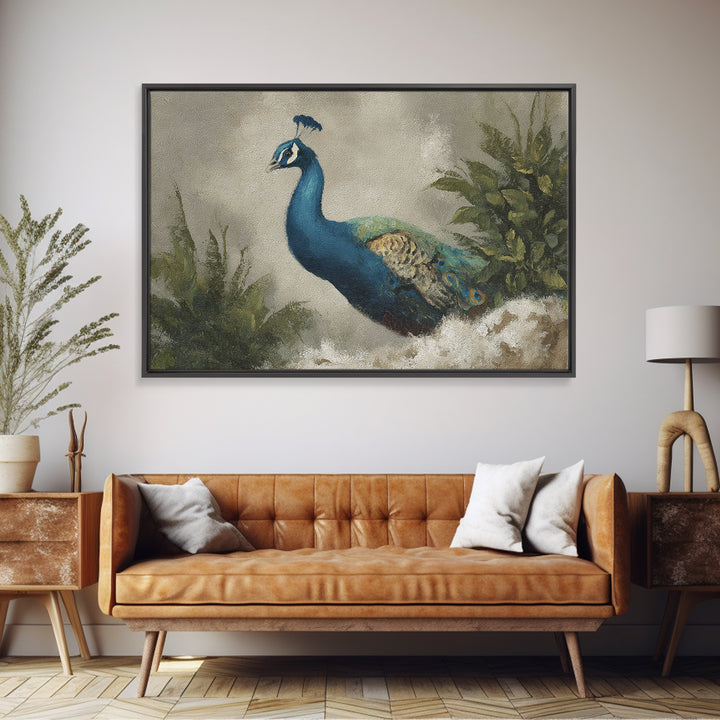 Peacock with Jewel Tone Feather Pattern Framed Canvas Print, Bird Art, Nature Wall Art, Living Room Decor, Fine Art, Flight, BIR-3x2-35