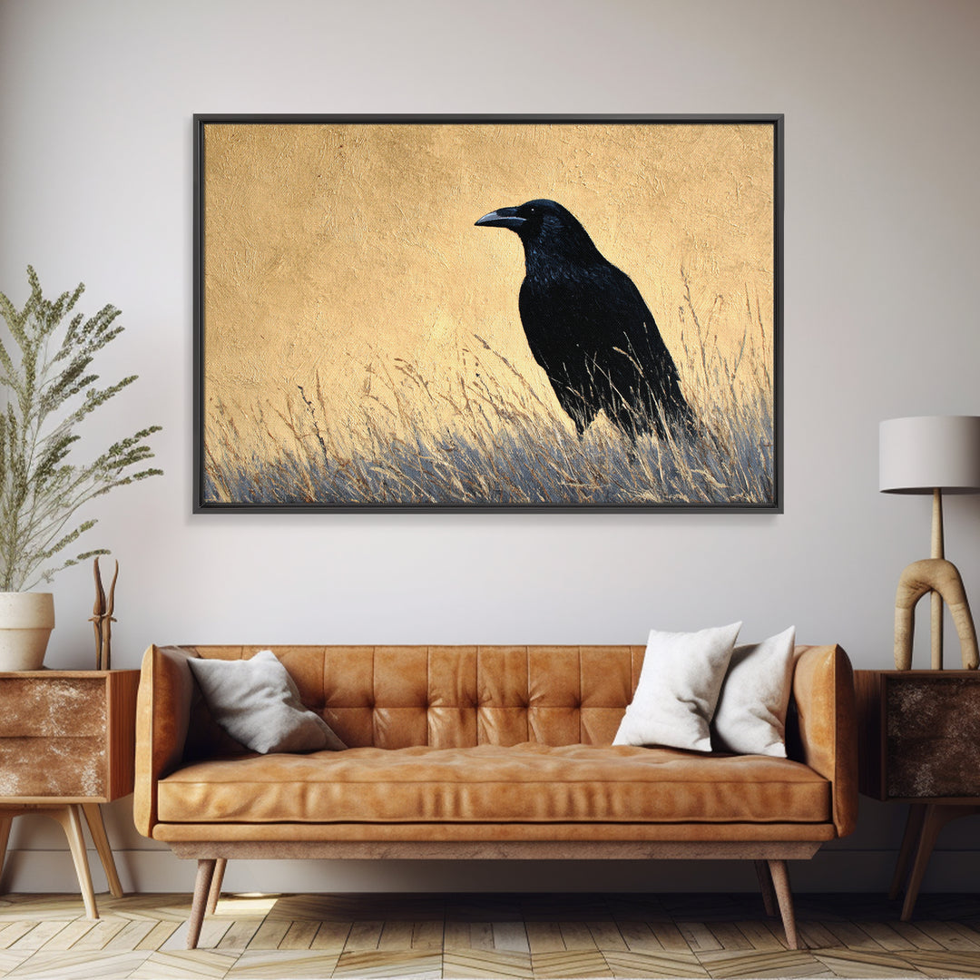 Raven Silhouette with Gothic Atmosphere Canvas Print, Bird Art, Mid Century Wall Art, Living Room Decor, Oil Painting, Flight, BIR-3x2-37