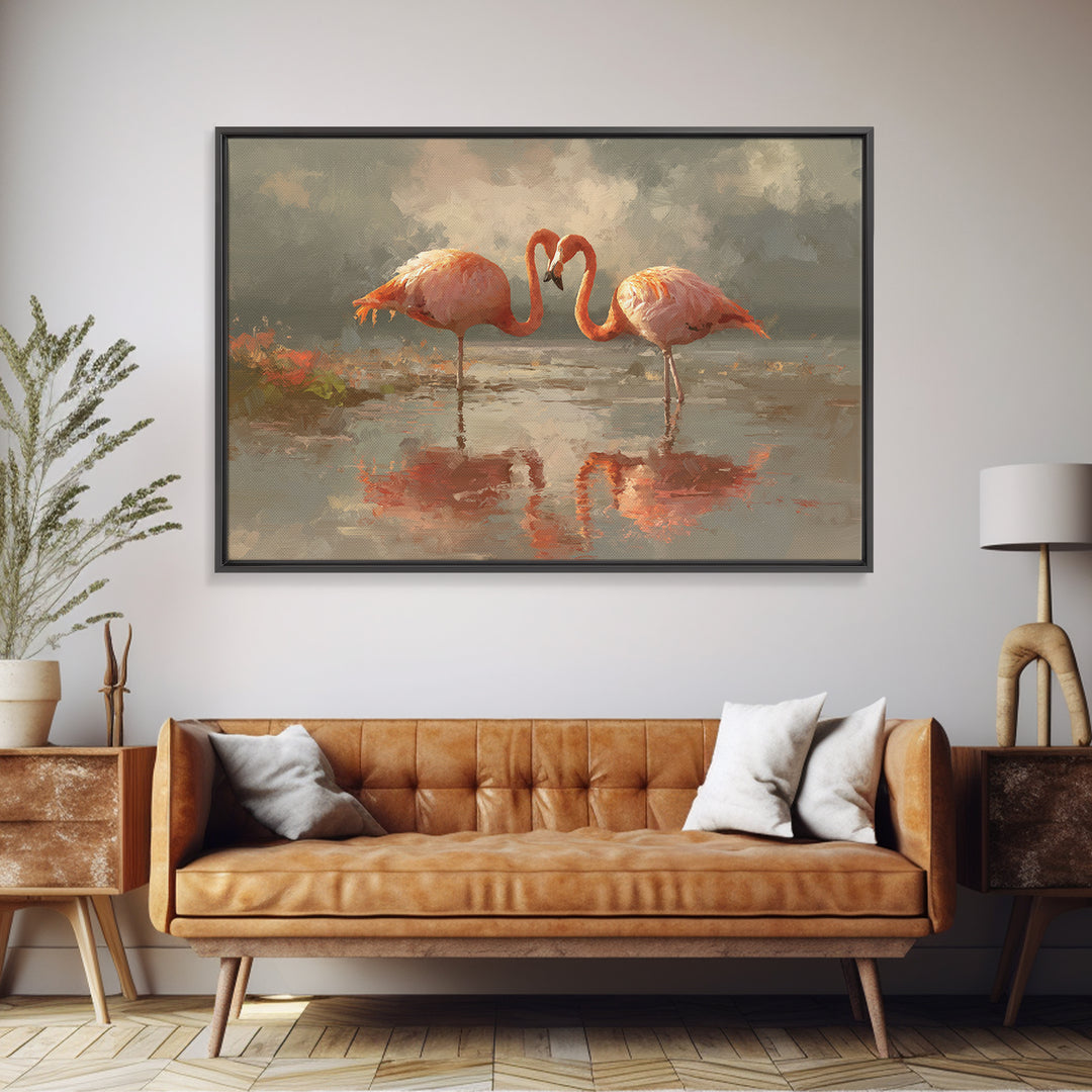 Flamingo Pair in Coral Water Reflections Canvas Print, Bird Art, Japanese Wall Art, Living Room Decor, Fine Art, Flight, BIR-3x2-38