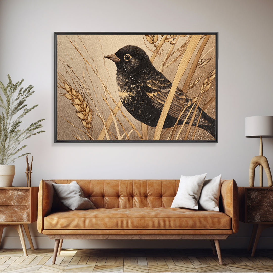 Blackbird on Gold Wheat Field Canvas Print, Bird Art, Mid Century Modern, Living Room Decor, Oil Painting, Flight, BIR-3x2-4