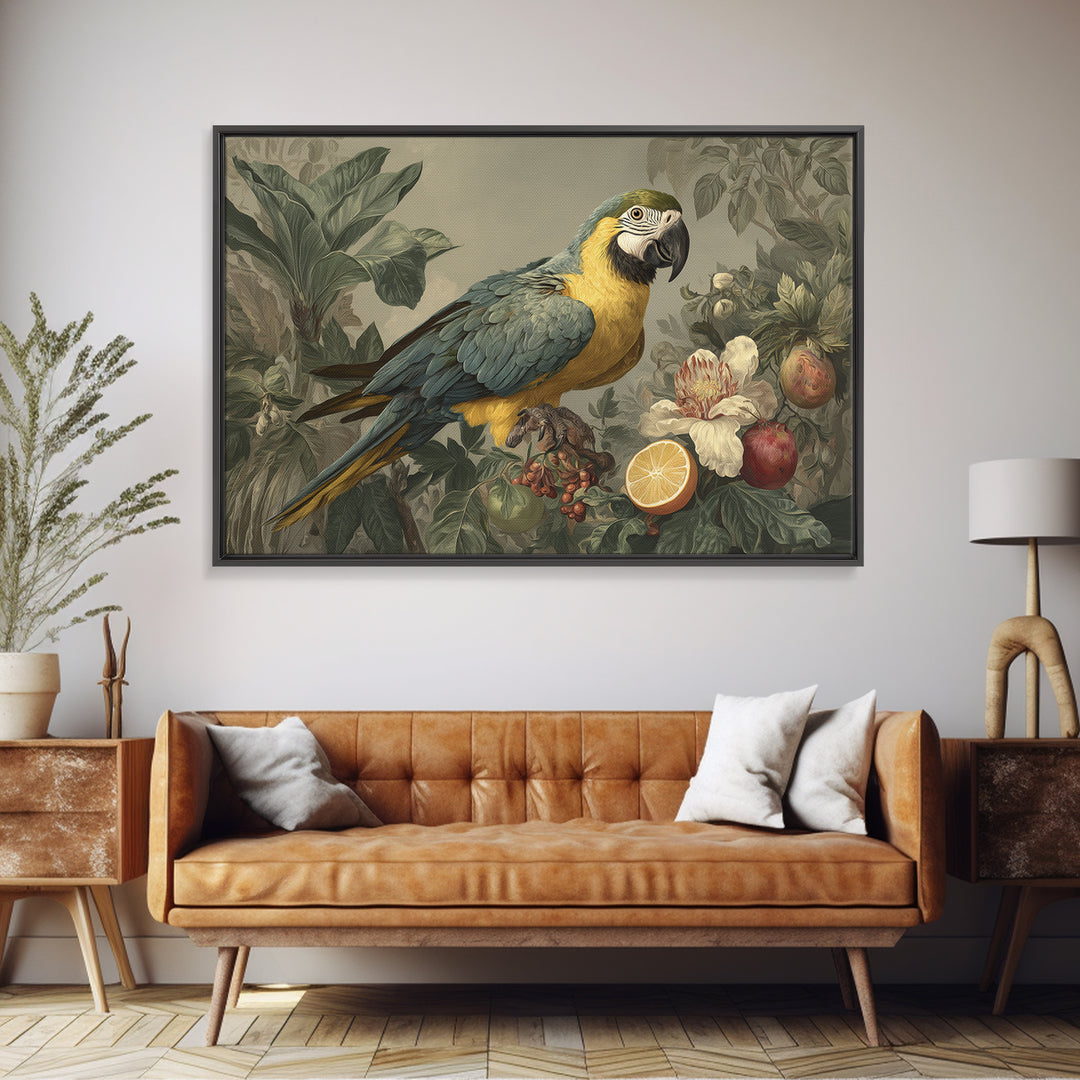 Parrot Among Tropical Leaves and Fruit Framed Canvas Print, Bird Art, Digital Download Art, Living Room Decor, Watercolor Art, BIR-3x2-41