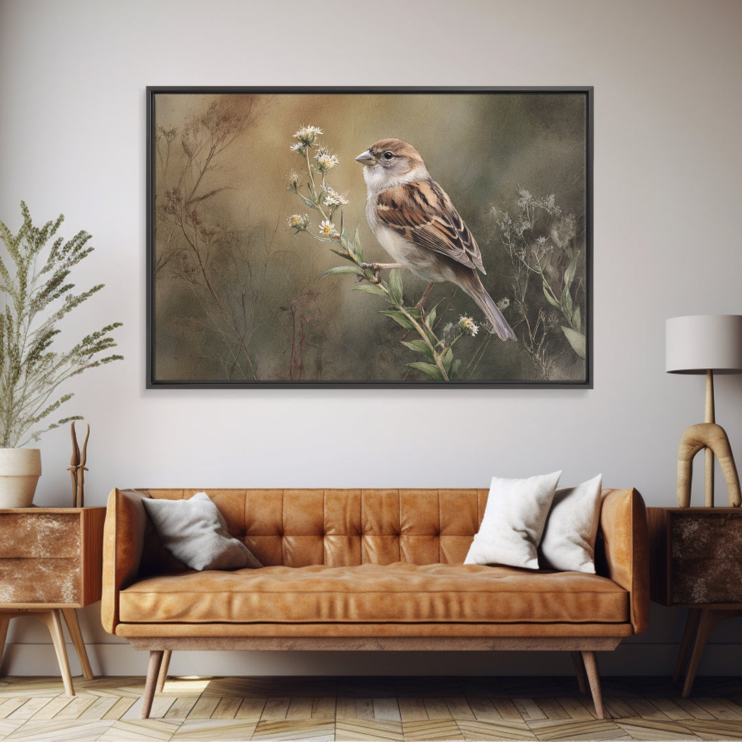 Small Sparrow on Wildflower Stem Canvas Print, Bird Art, Modern Wall Art, Living Room Decor, Watercolor Art, Flight, BIR-3x2-42