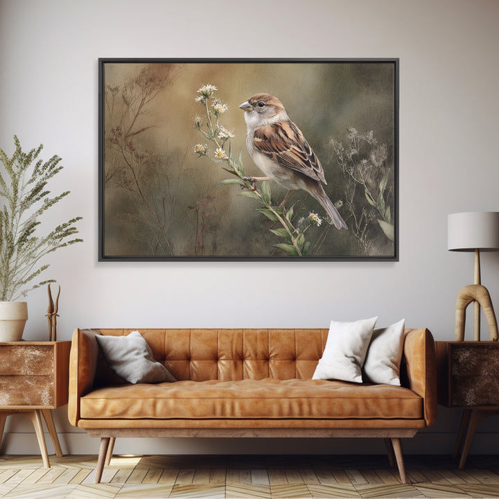 Small Sparrow on Wildflower Stem Canvas Print, Bird Art, Modern Wall Art, Living Room Decor, Watercolor Art, Flight, BIR-3x2-42