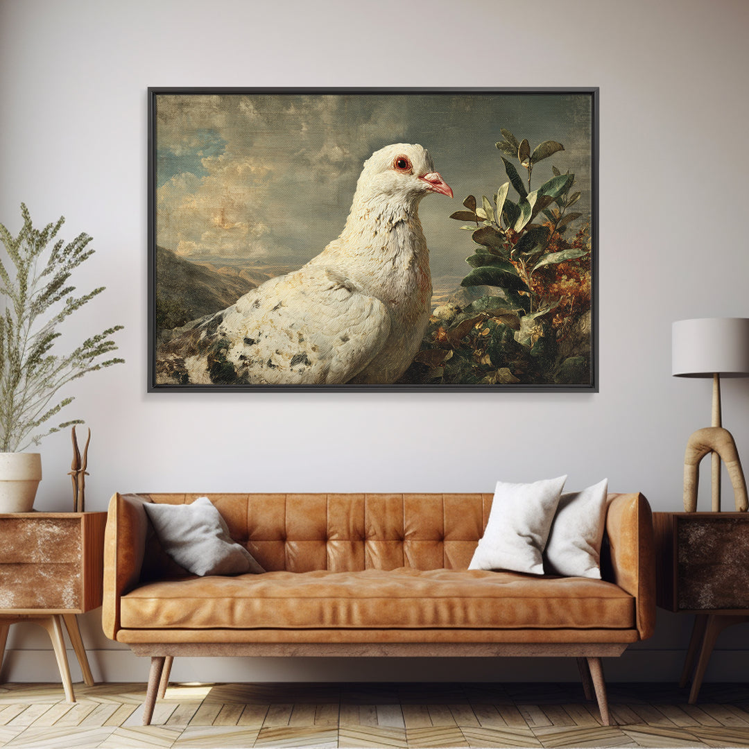 White Dove with Olive Branch and Calm Canvas Print, Bird Art, Bird Prints, Living Room Decor, Fine Art, Flight, Modern Decor, BIR-3x2-44