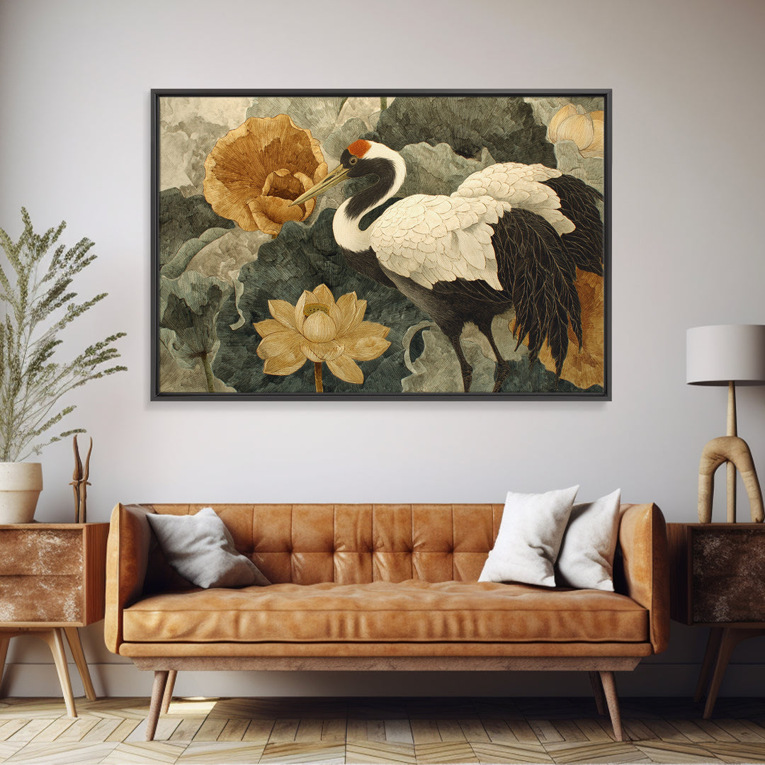 Crane and Lotus Composition Framed Canvas Print, Bird Art, Nature Prints, Living Room Decor, Fine Art, Flight, Boho Decor, BIR-3x2-45