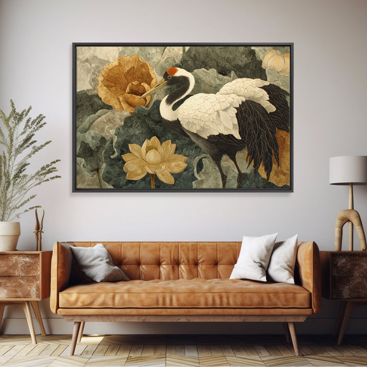 Crane and Lotus Composition Framed Canvas Print, Bird Art, Nature Prints, Living Room Decor, Fine Art, Flight, Boho Decor, BIR-3x2-45