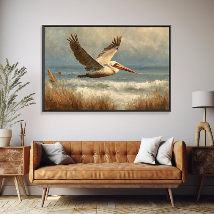 Pelican Flying over Coastal Waves Framed Canvas Print, Bird Art, Boho Wall Decor, Living Room Decor, Fine Art, Flight, BIR-3x2-46
