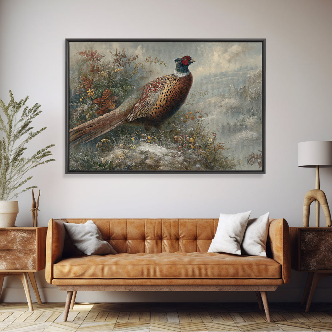 Pheasant with Ornate Feather Details Framed Canvas Print, Bird Art, Room Decor, Living Room Decor, Oil Painting, Flight, BIR-3x2-47