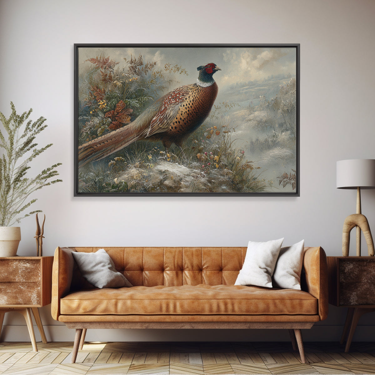 Pheasant with Ornate Feather Details Framed Canvas Print, Bird Art, Room Decor, Living Room Decor, Oil Painting, Flight, BIR-3x2-47