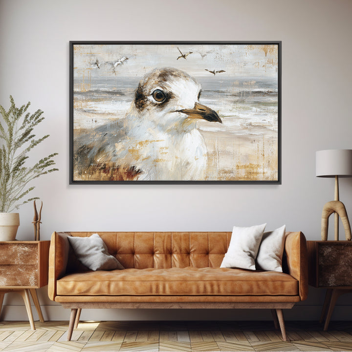 Seagulls Above a Pale Beach Horizon Canvas Print, Bird Art, Mid Century Wall Art, Living Room Decor, Fine Art, Flight, BIR-3x2-48
