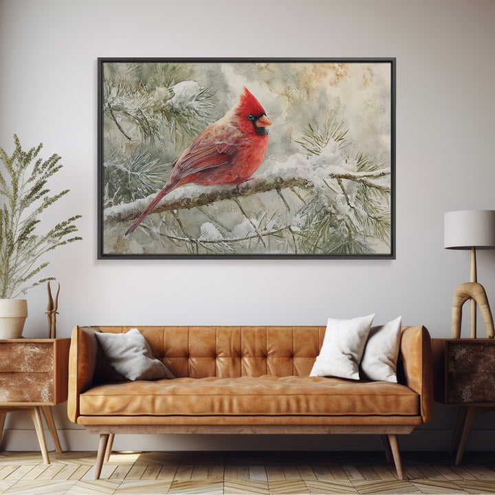 Red Cardinal on Snowy Pine Branch Framed Canvas Print, Bird Art, Mcm Decor, Living Room Decor, Oil Painting, Flight, BIR-3x2-5