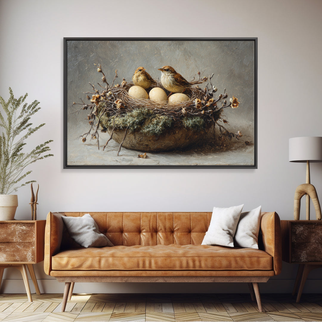 Bird Nest with Eggs and Delicate Twigs Framed Canvas Print, Bird Art, Living Room Decor, Oil Painting, Flight, BIR-3x2-50